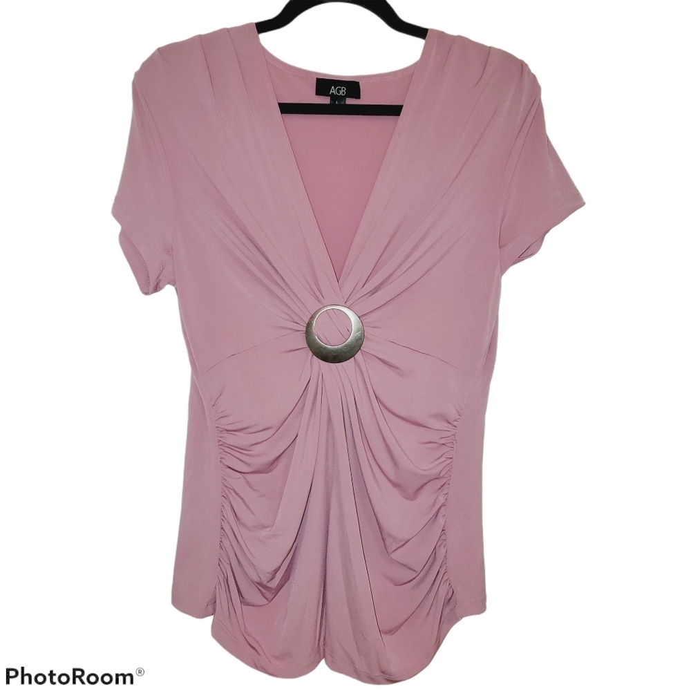 AGB Mauve Pink Cinch Waist Blouse L NWT Metal Buckle